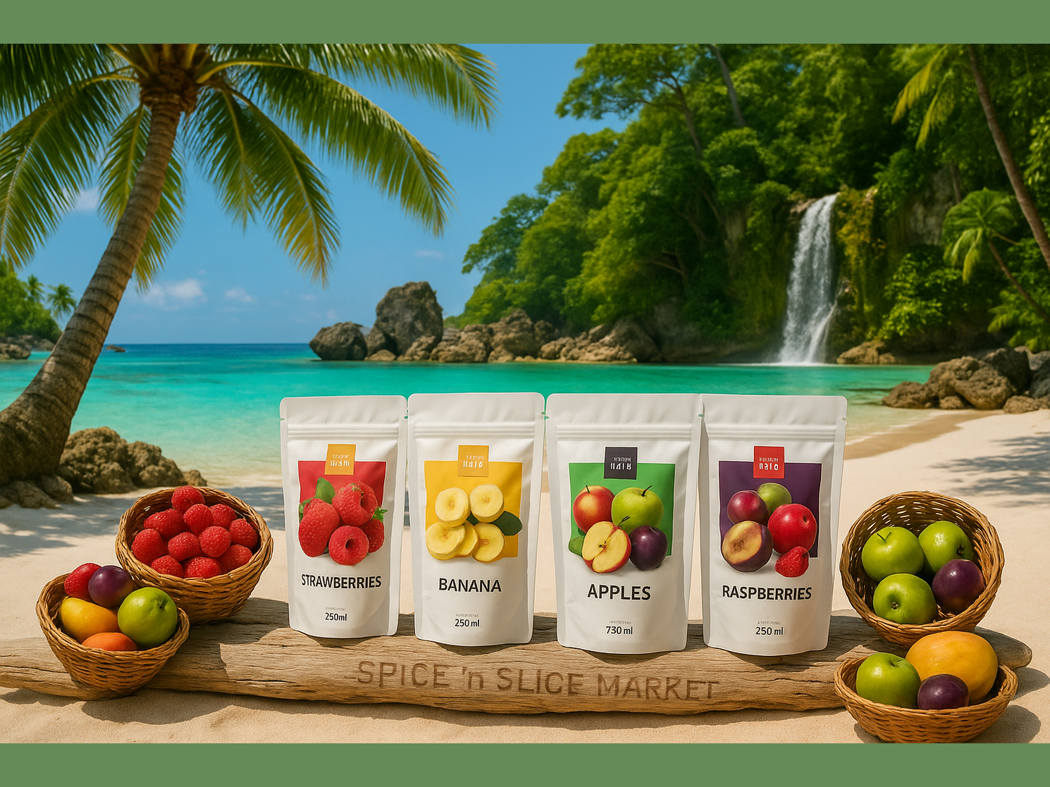 More Natural Tropical Beach Paradise with Original Product and Very Discreet Spice n Slice Market Branding