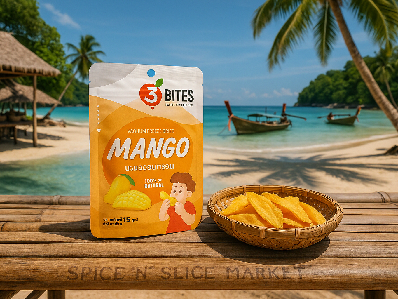 Beautiful Natural Thailand Beach Market with Original Product and Very Discreet Spice n Slice Market Branding