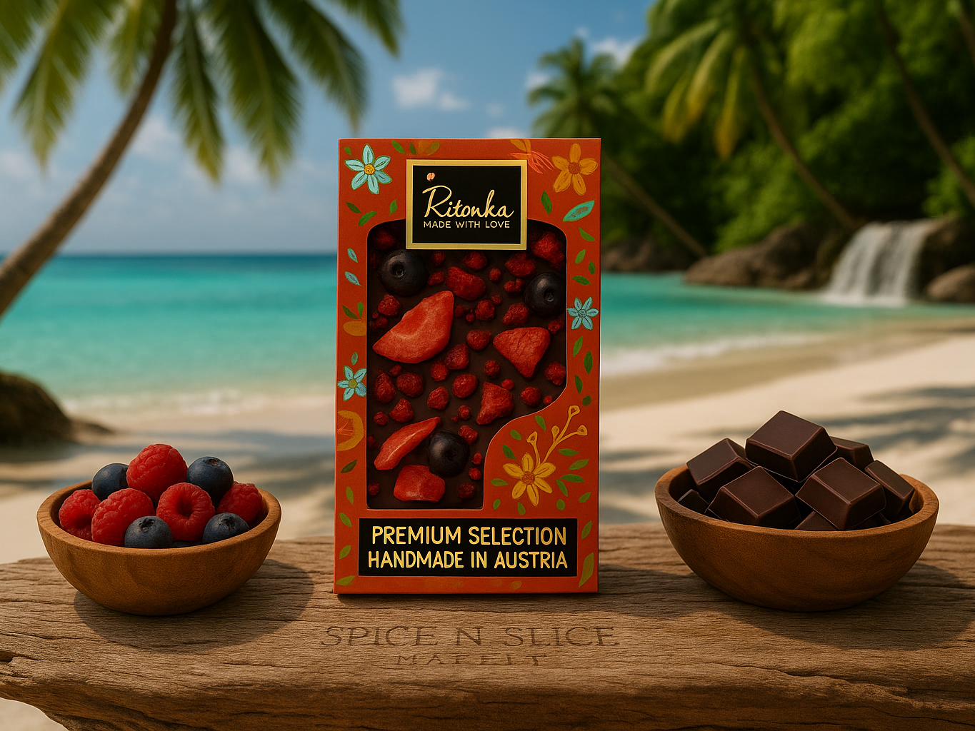 Beautiful Natural Tropical Beach Paradise with Original Product and Extremely Subtle Spice n Slice Market Branding