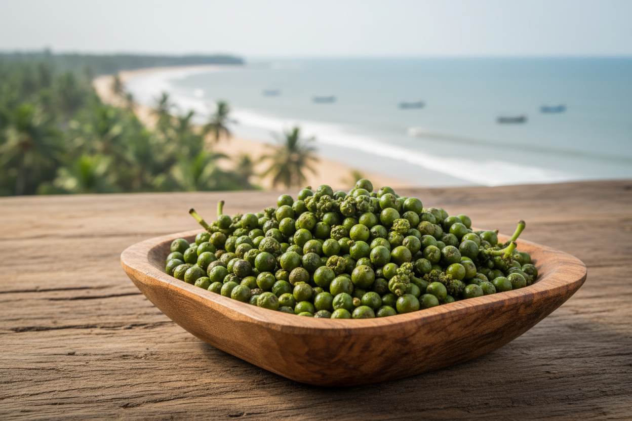 Green Malabar peppercorns in rustic wooden bowl