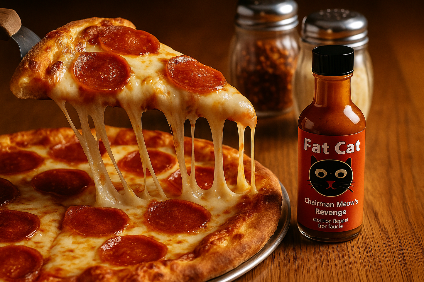 Pizza slice lift with hot sauce on table