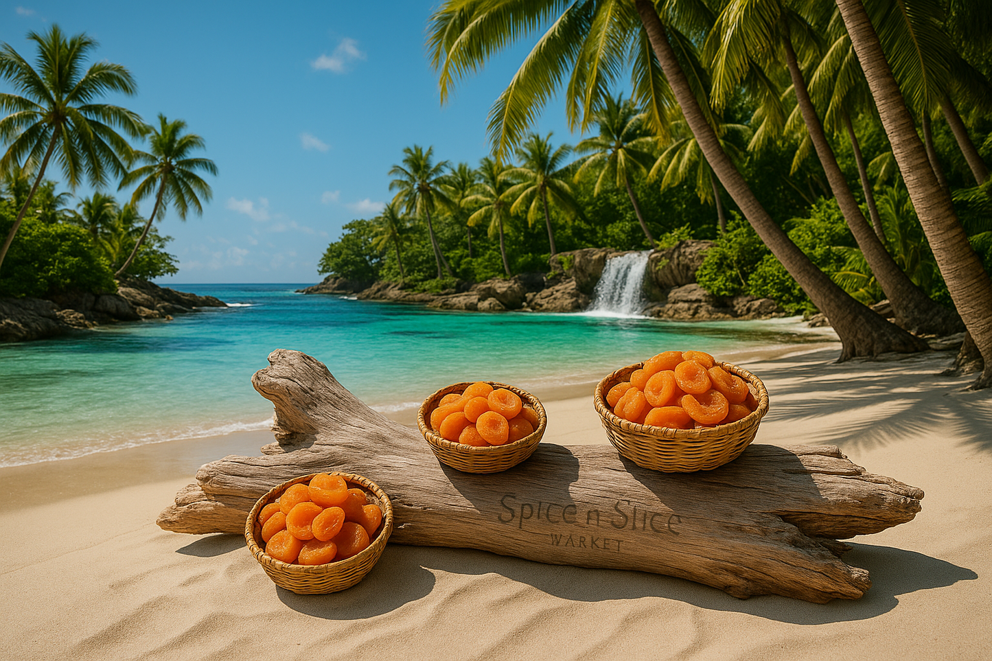 Beautiful Natural Tropical Beach Paradise with Original Product and Extremely Subtle Spice n Slice Market Branding