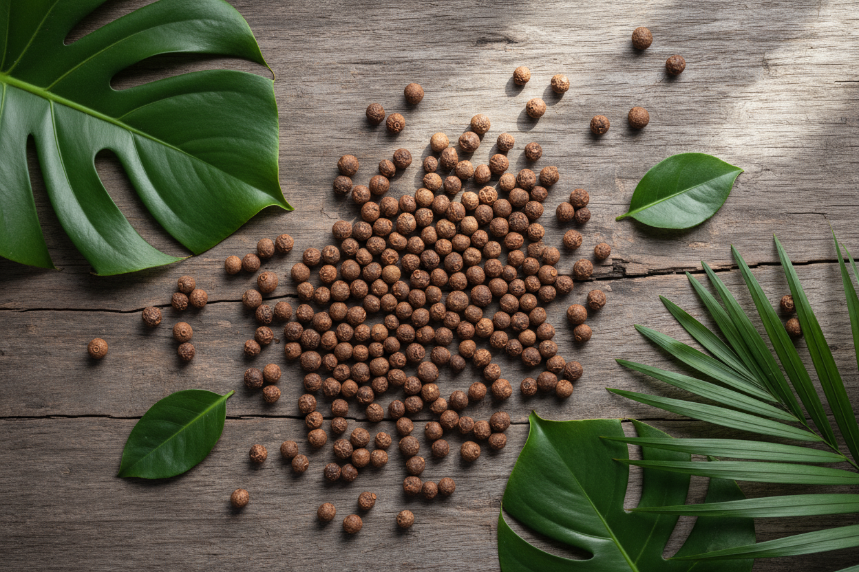 Overhead flat lay of Jamaican allspice