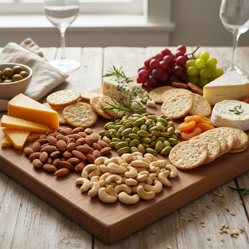 Nut trio on charcuterie board with cheese