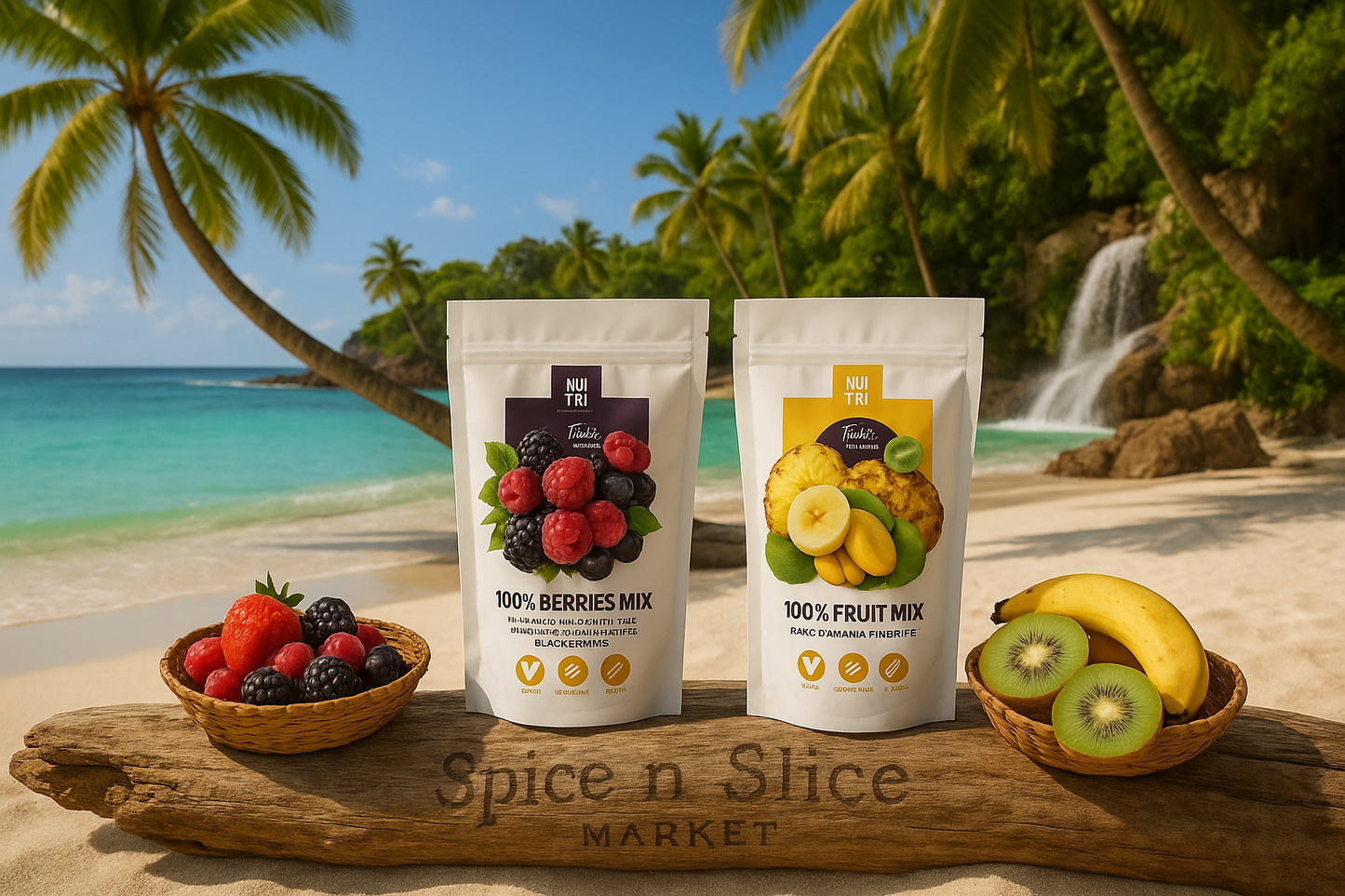 More Natural Tropical Beach Paradise with Original Product and Very Discreet Spice n Slice Market Branding