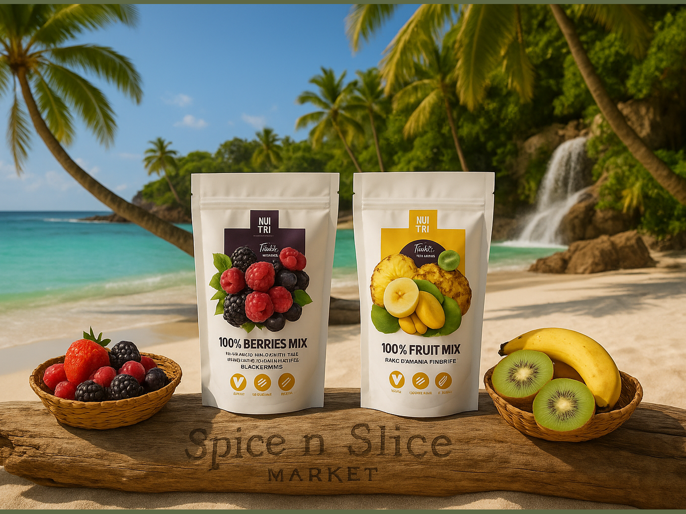 More Natural Tropical Beach Paradise with Original Product and Very Discreet Spice n Slice Market Branding