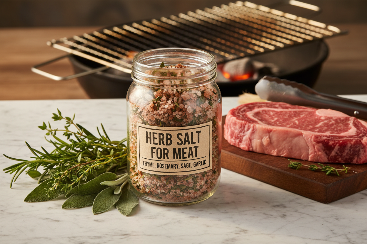 Herb Salt for Meat in glass jar with fresh herbs and steak