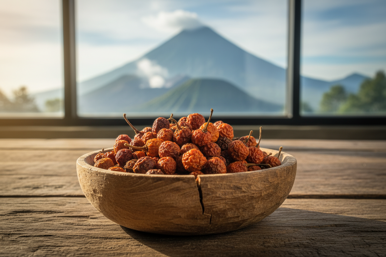 Andaliman pepper in rustic wooden bowl