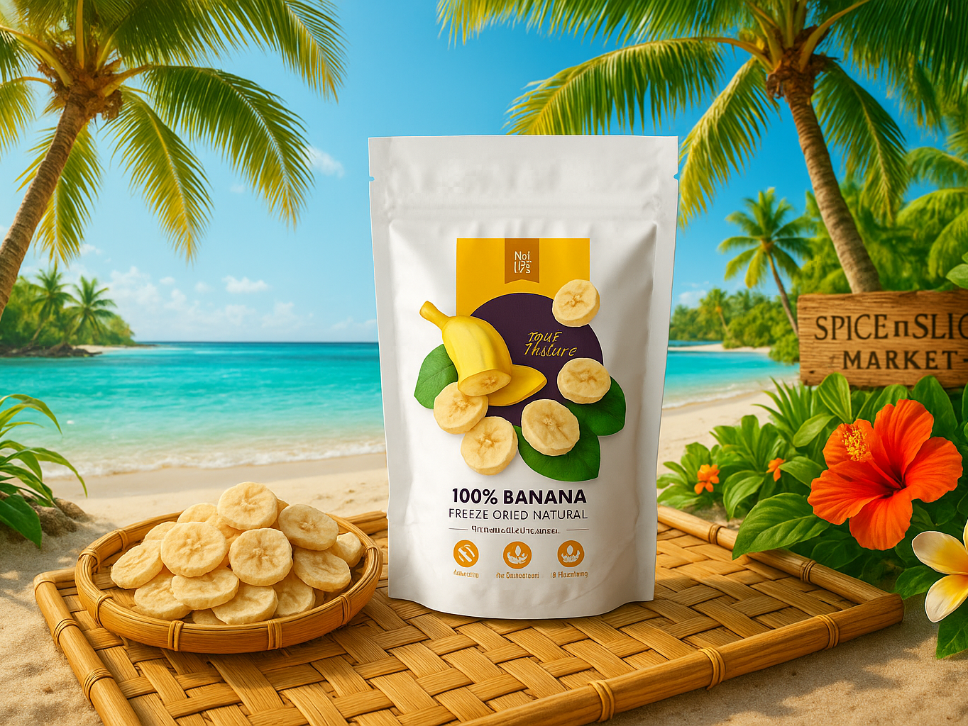 Tropical Beach Paradise with Product and Branding