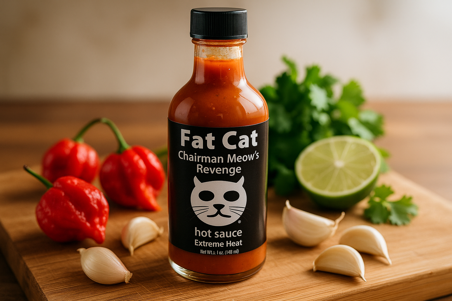 Hot sauce bottle on cutting board with fresh ingredients