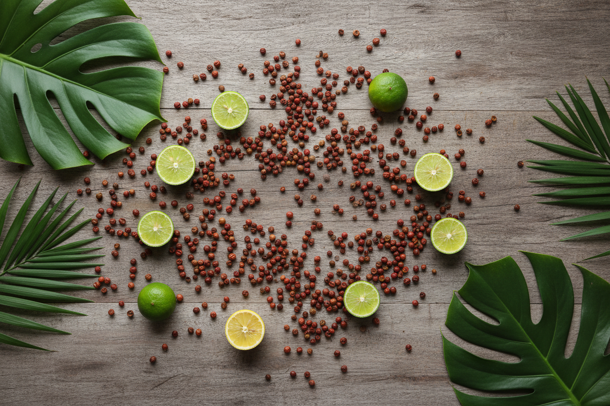 Overhead flat lay of Andaliman pepper