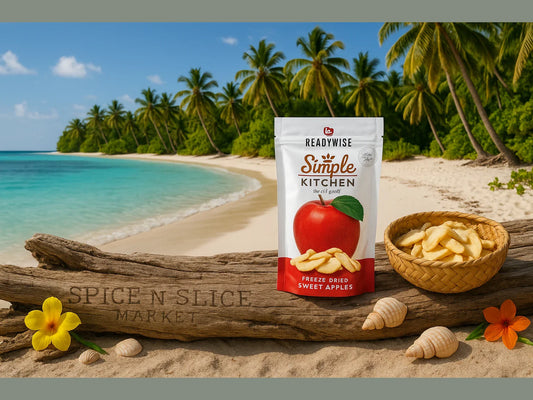 Freeze dried sweet apples ReadyWise Simple Kitchen on tropical beach with seashells and palm trees