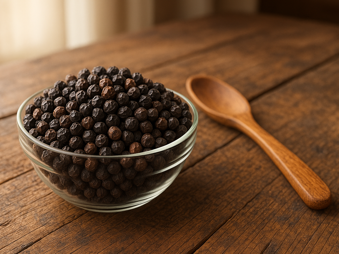 Kampot black pepper on farmhouse dining table