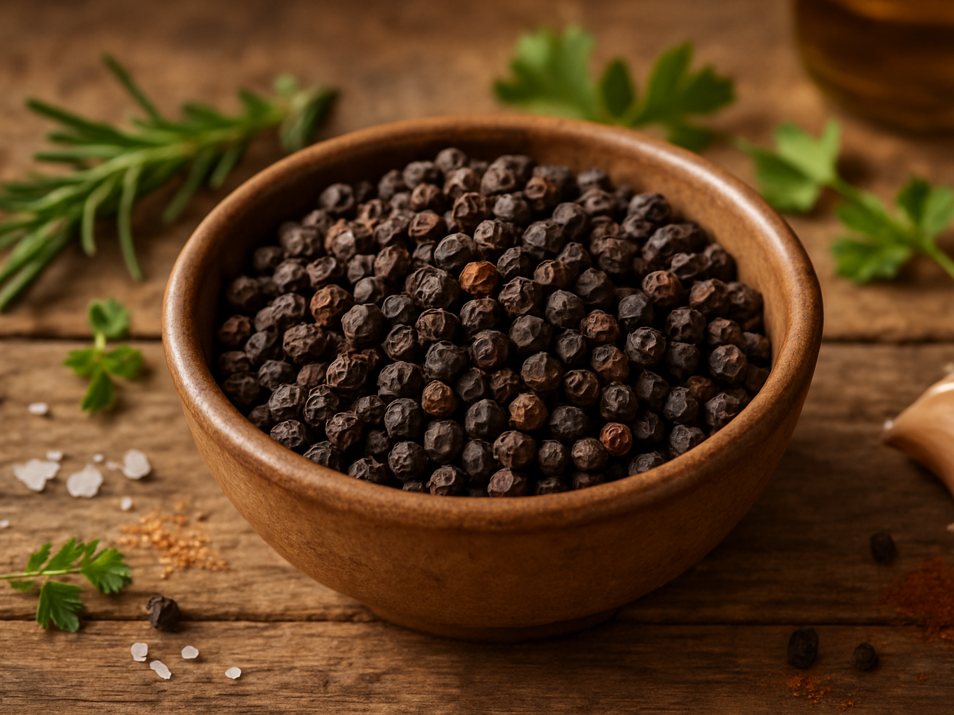 Kampot black pepper on rustic farmhouse table