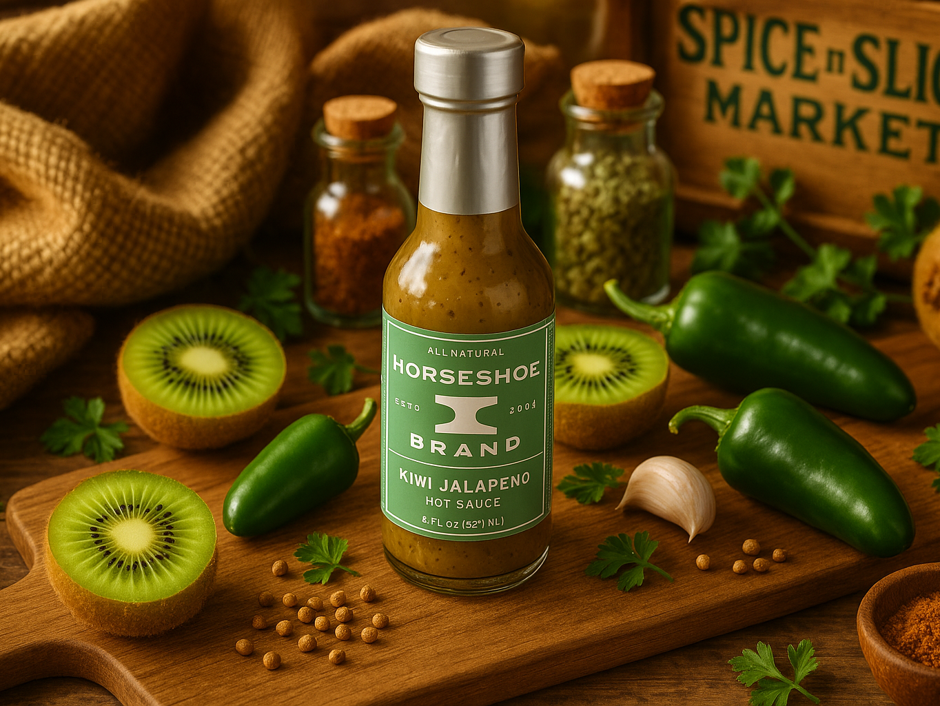 Kiwi Jalapeno Hot Sauce in market setting