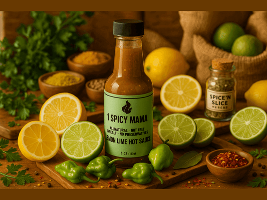Lemon lime hot sauce bottle with fresh lemons, limes, spices, and herbs in a market setting