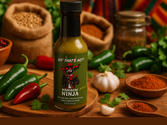 Mariachi Ninja Hot Sauce in market setting