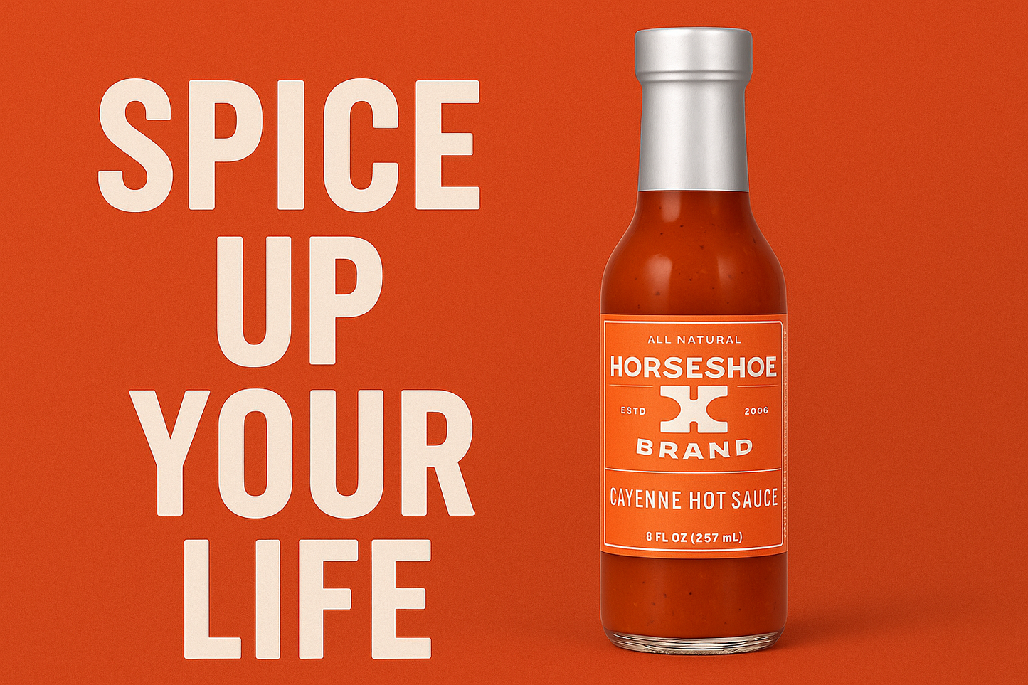 Marketing images for Horseshoe Brand Cayenne Hot Sauce