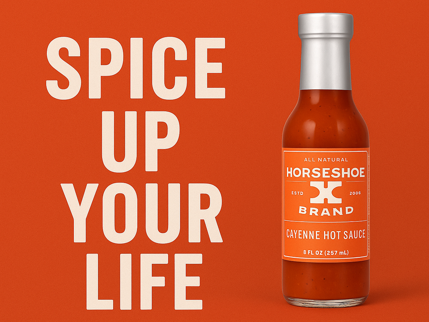 Marketing images for Horseshoe Brand Cayenne Hot Sauce