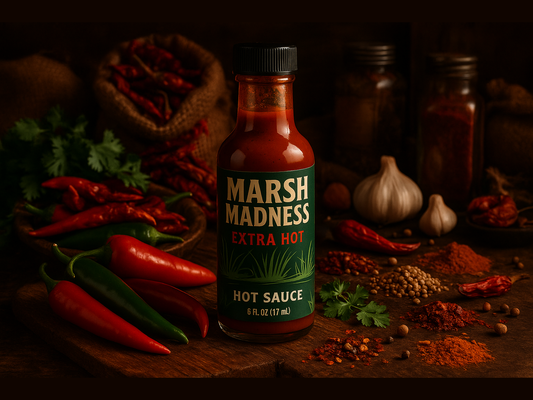 Marsh Madness Extra Hot hot sauce bottle in market with fresh peppers and spices