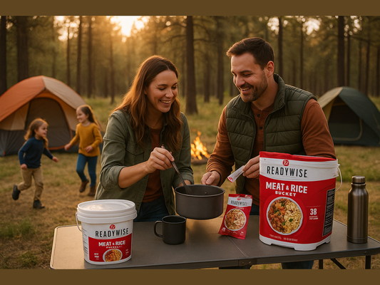 Family camping with ReadyWise meat and rice bucket, tents, and campfire outdoors