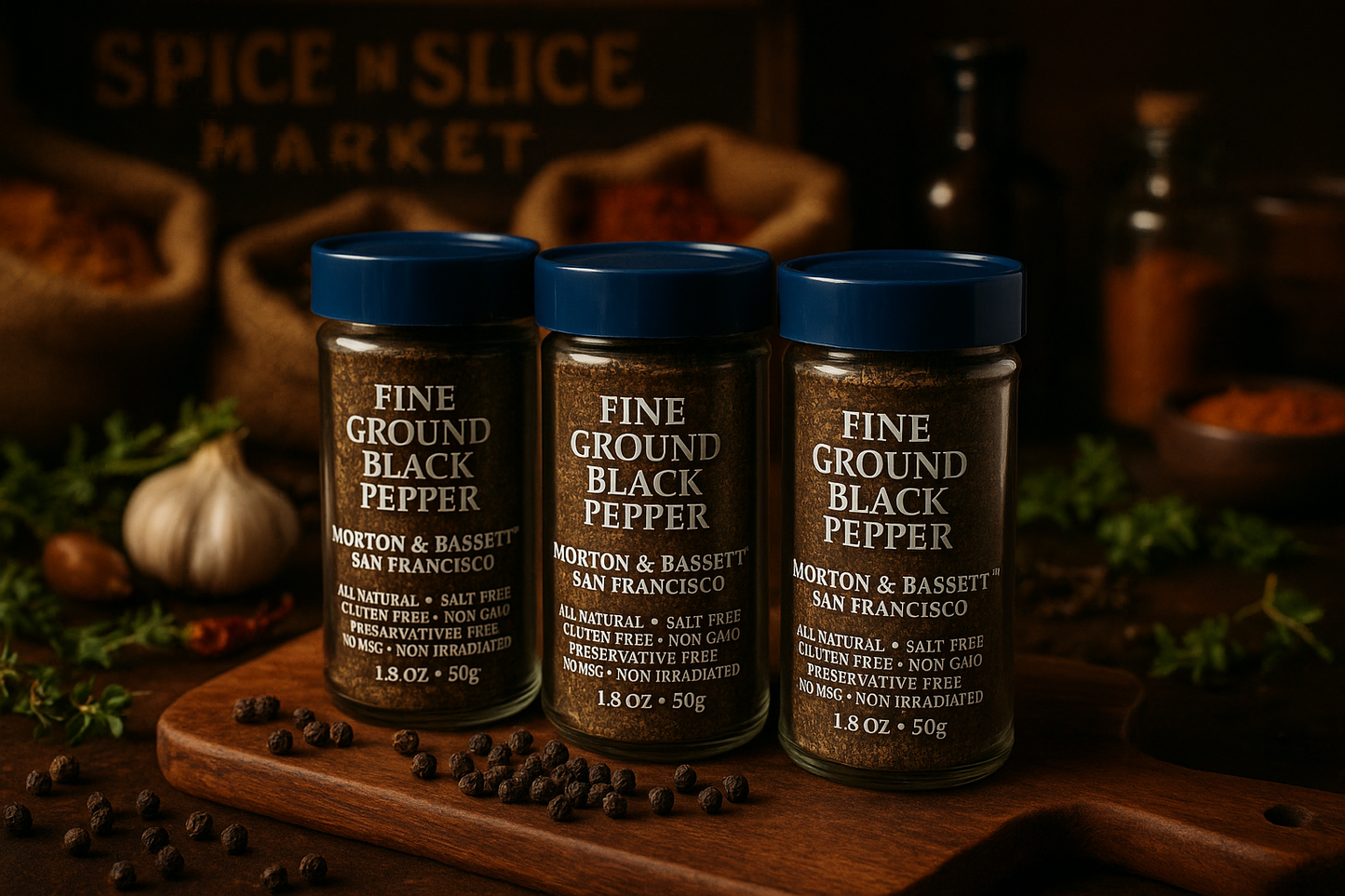 Morton & Bassett Fine Ground Black Pepper in market setting