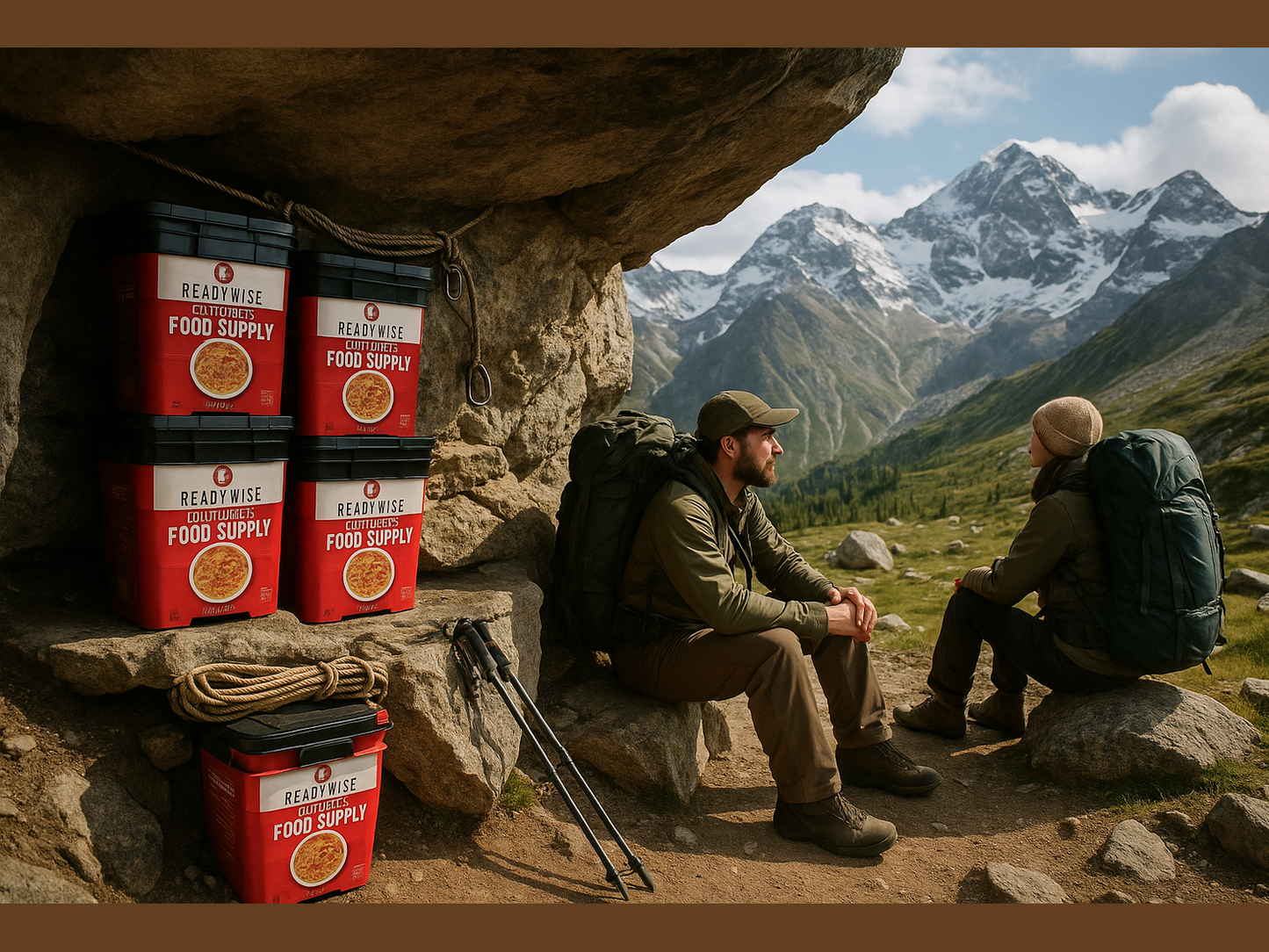 Mountain hiking basecamp with ReadyWise food supplies