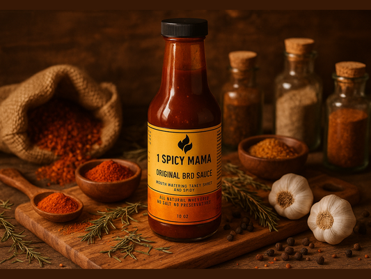 Original BBQ sauce bottle with spices, garlic, and herbs on a rustic wooden market setting