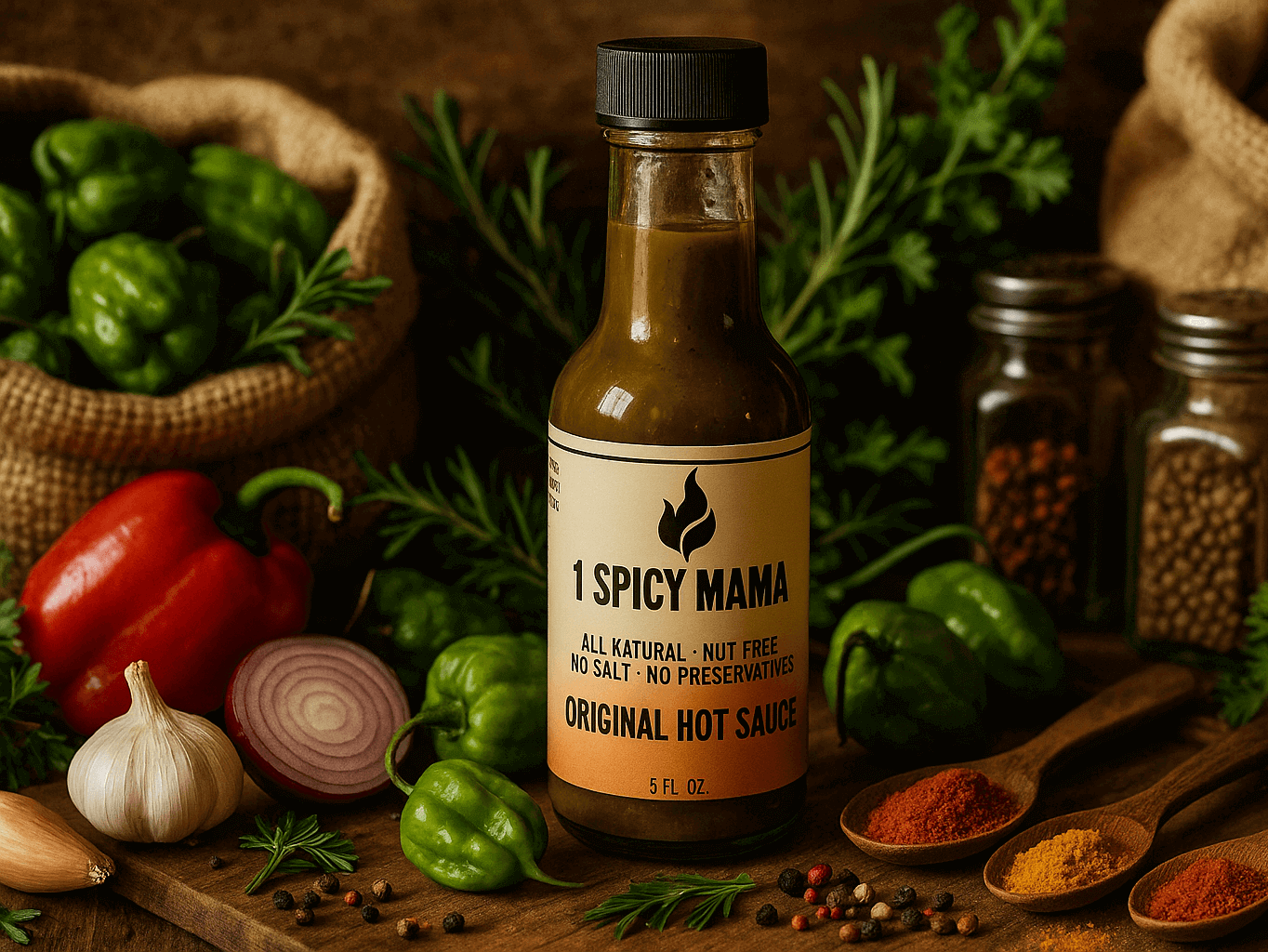 Classic Heat Trio - 3 Bottle Bundle featuring 1 Spicy Mama Original Hot Sauce on a rustic background with peppers and spices.