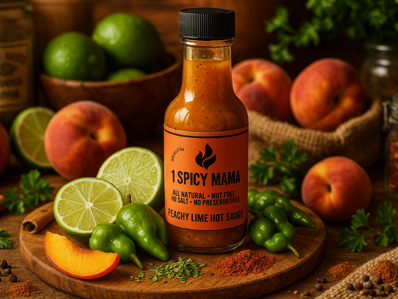 Peachy Lime Hot Sauce in market setting