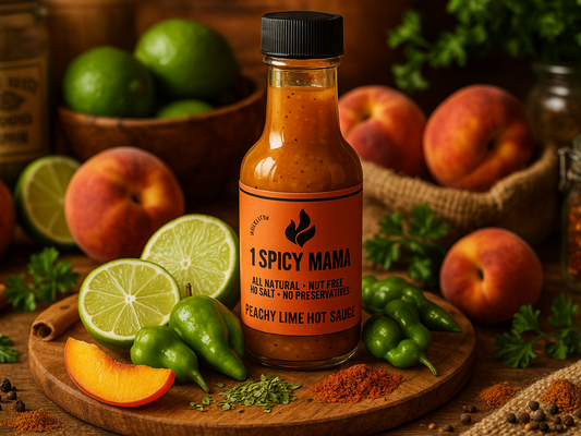 Peachy Lime Hot Sauce in market setting