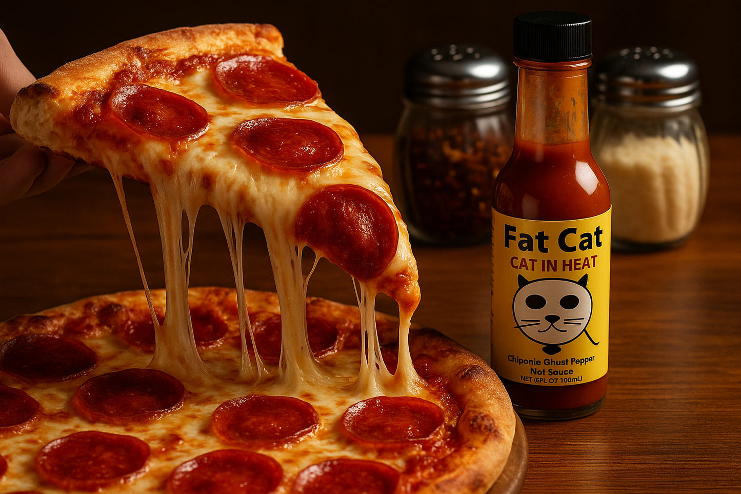 Pizza slice lift with Cat in Heat sauce on table