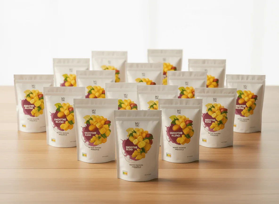 Smoothie Maker 15-Pack (15 Small Pouches) arranged on a table, showcasing tropical smoothie blend flavors.