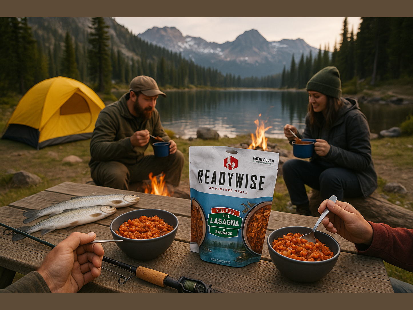 ReadyWise Adventure Meals enjoyed at mountain lake camp after successful fishing