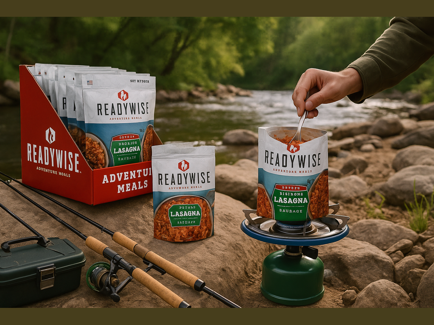 ReadyWise products being prepared on camp stove by riverside with fishing equipment