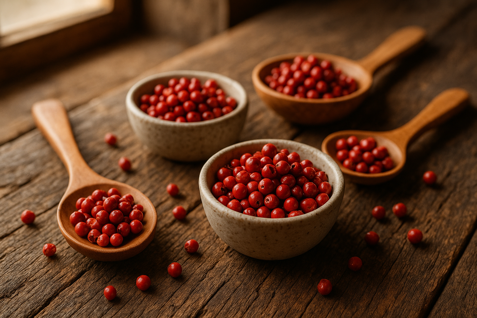 Red peppercorns in ceramic bowls