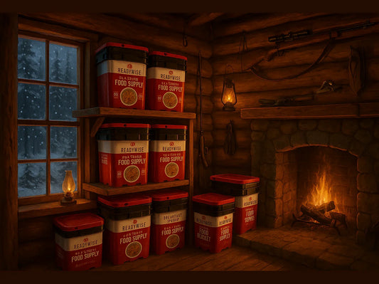ReadyWise emergency food supply buckets stacked in a rustic log cabin with fireplace and lantern