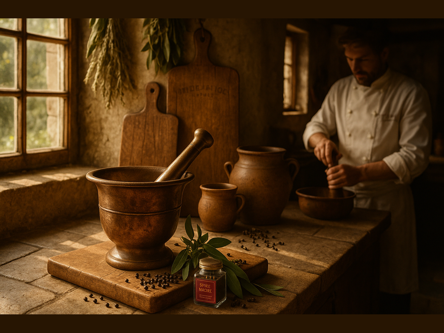 Rustic French kitchen with mortar and pestle
