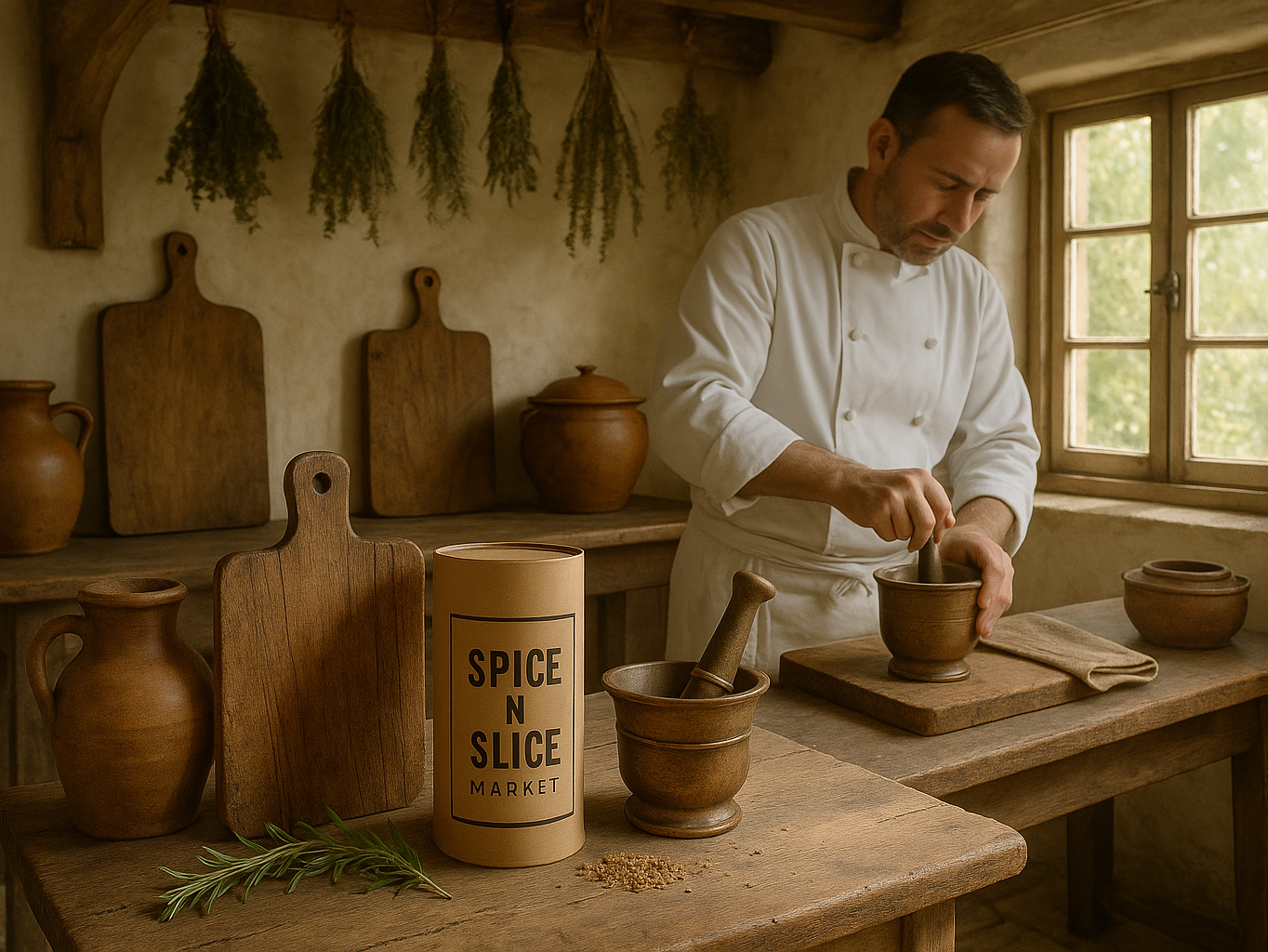 Rustic French kitchen with mortar and pestle