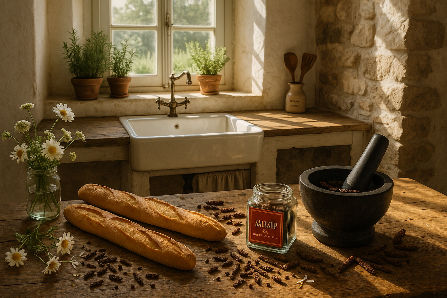 Rustic Kitchen with Herb Garden View
