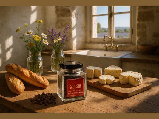 Rustic kitchen with fresh bread, cheese, wildflowers, and a window view of lavender fields
