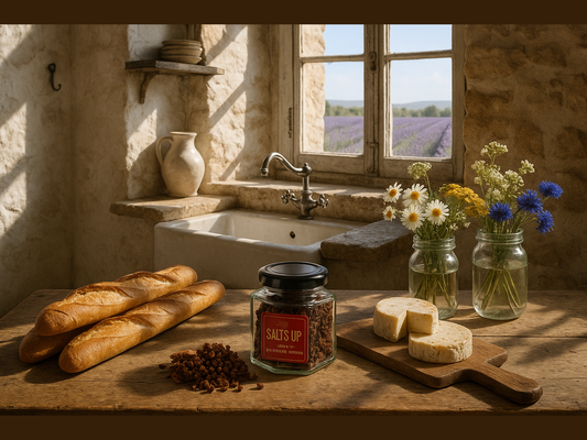 Rustic kitchen with baguettes, cheese, jar of spice, and flowers, overlooking lavender fields.