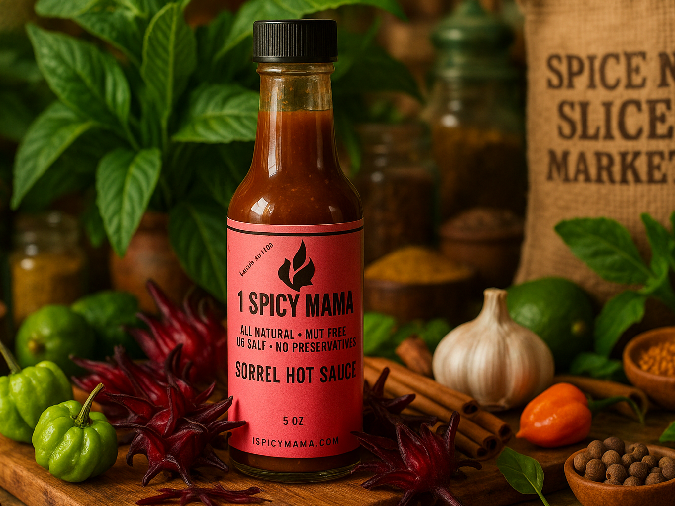 Sorrel Hot Sauce in market setting
