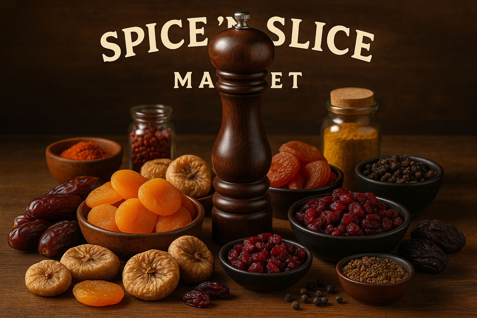 spice n slice market with pepper grinder and dried fruits