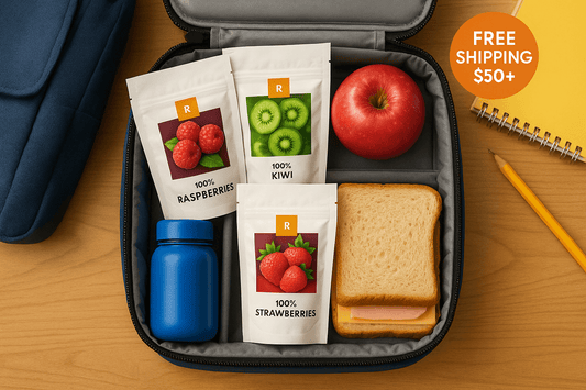 Variety 12-Pack (12 Small Pouches) with freeze-dried raspberries, kiwi, strawberries, apple, sandwich in lunchbox.