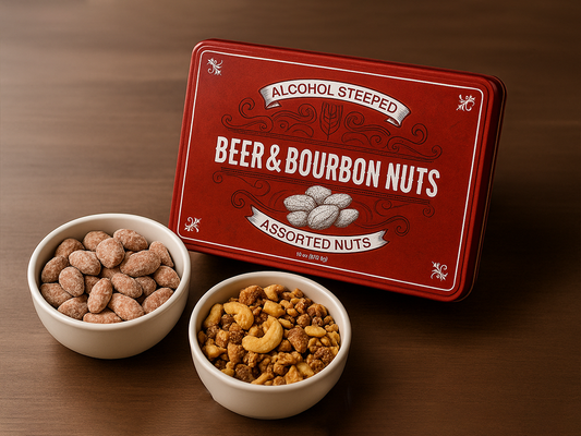 Beer & Bourbon Liquor Nuts Gift Tin - 3 Spirit-Inspired Nut Flavors