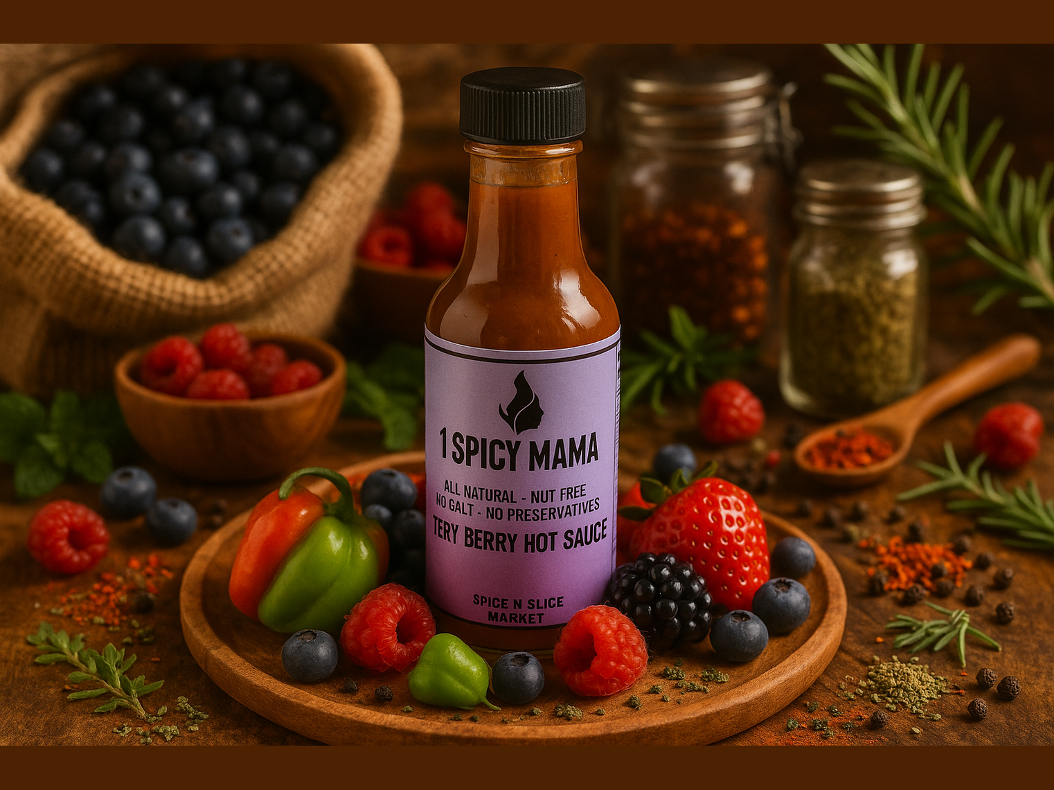 Very Berry Hot Sauce in market setting