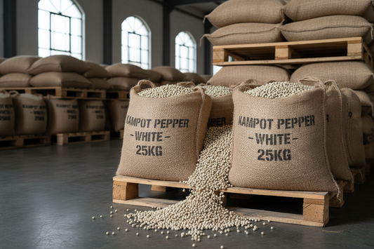 Wholesale Kampot White Pepper 25kg — Premium Bulk PGI Organic | France Dispatch 🇫🇷