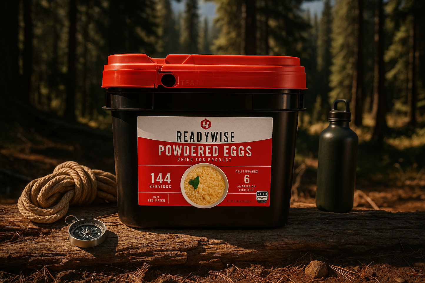 Wilderness survival scene with ReadyWise Powdered Eggs