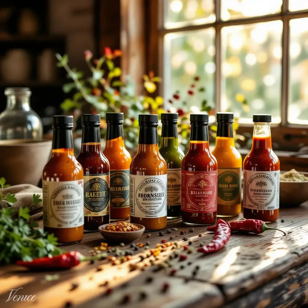 Artisan Hot Sauces collection featuring a variety of premium hot sauce bottles surrounded by fresh ingredients.